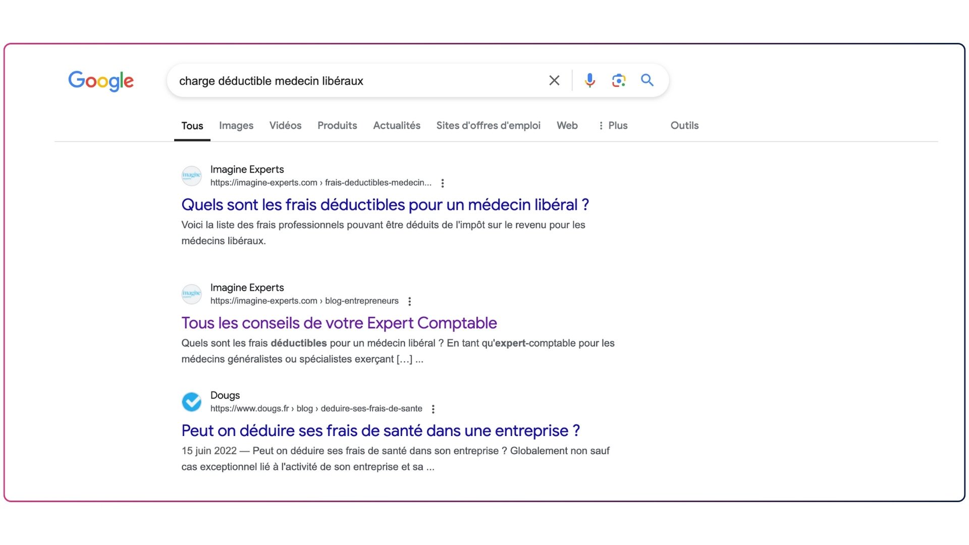 Exemple de résultats de la page Google classique